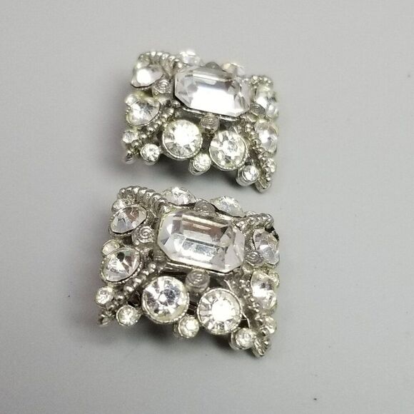 Vintage Rhinestone Cluster Clip On Earrings, Silver Tone Square Shape, Retro - Picture 3 of 8